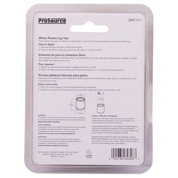 Prosource Furniture Leg Tip, Round, Plastic, White, 7/8 in Dia, 1 in H - FE-50614-PS