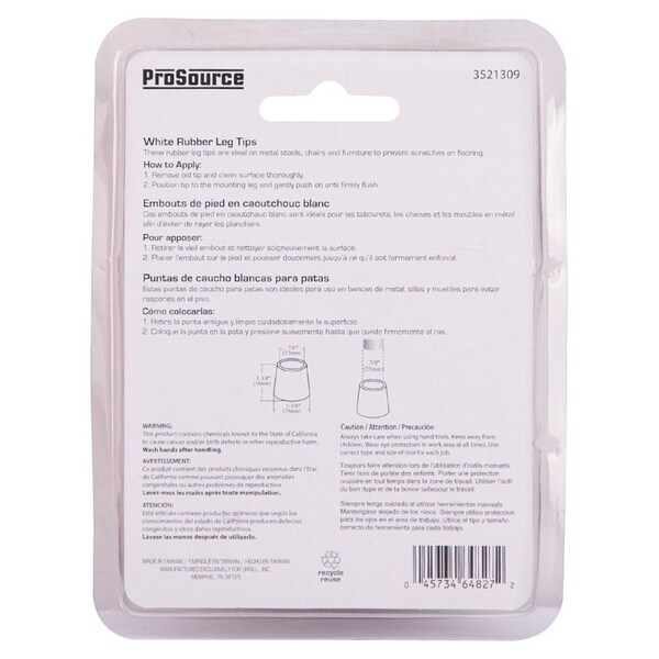 Prosource Furniture Leg Tip, Round, Rubber, White, 7/8 in Dia, 1-3/8 in H - FE-50644-PS