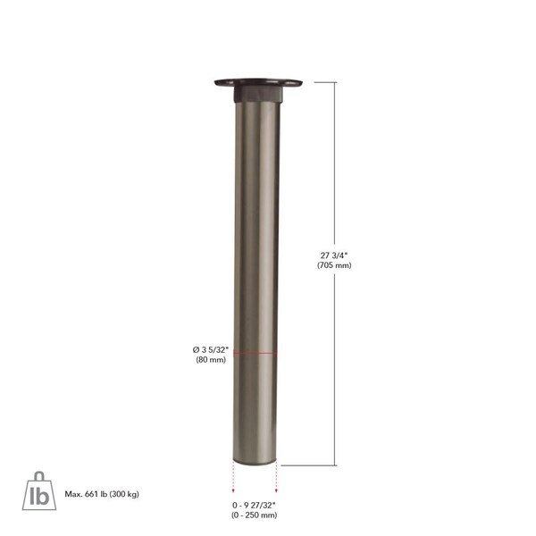 Richelieu Isola Adjustable Table Leg with High Adjustment, 27 3/4 in (705 mm), Matte Chrome - 624705174