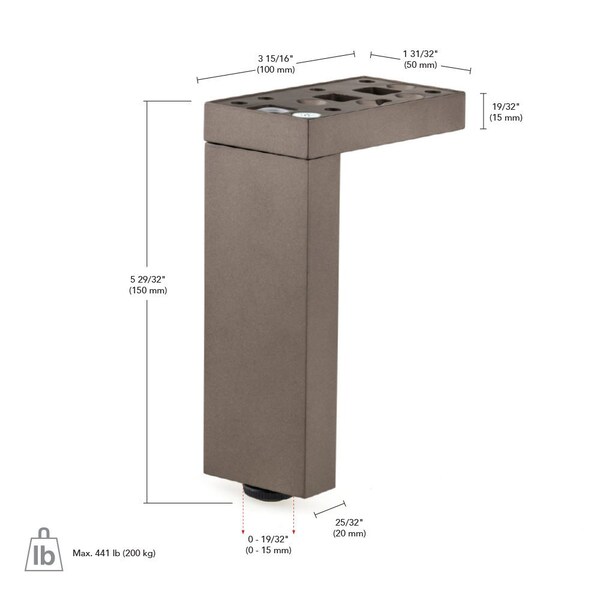 Richelieu Adjustable Contemporary Versatile T or L Shaped Furniture Leg, 5 29/32 in (150 mm), Bronze - 205150135