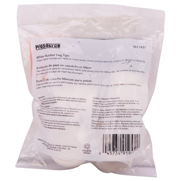 Prosource Furniture Leg Tip, Round, Rubber, White, 5/8 in Dia, 1.1 in H - FE-50642-B