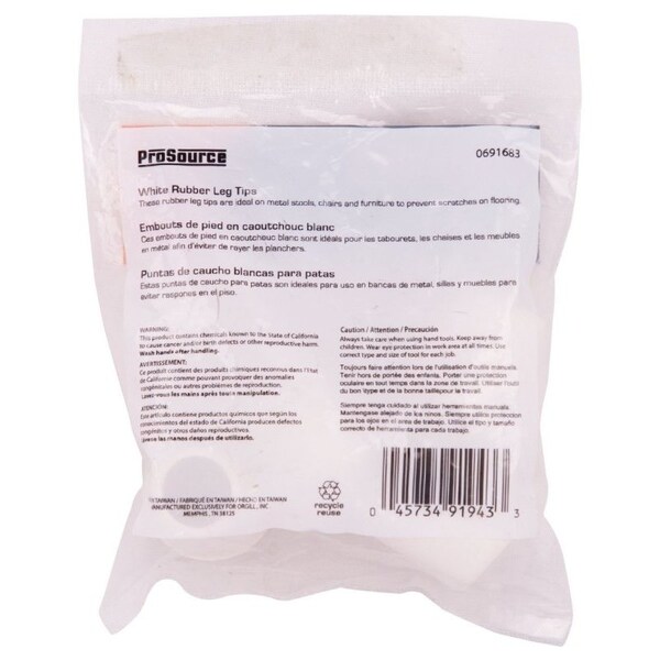 Prosource Furniture Leg Tip, Round, Rubber, White, 1/2 in Dia, 1.1 in H - FE-50641-B