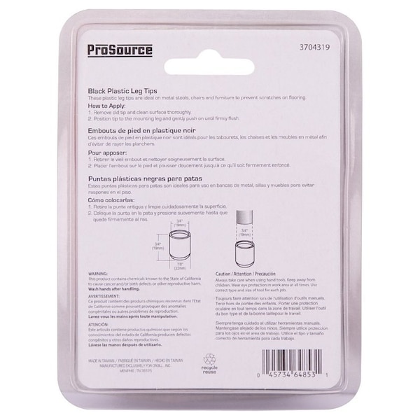 Prosource Furniture Leg Tip, Round, Plastic, Black, 3/4 in Dia, 3/4 in H - FE-50603-PS