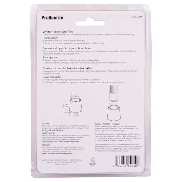 Prosource Furniture Leg Tip, Round, Rubber, White, 1-1/4 in Dia, 1-5/8 in H - FE-50647-PS