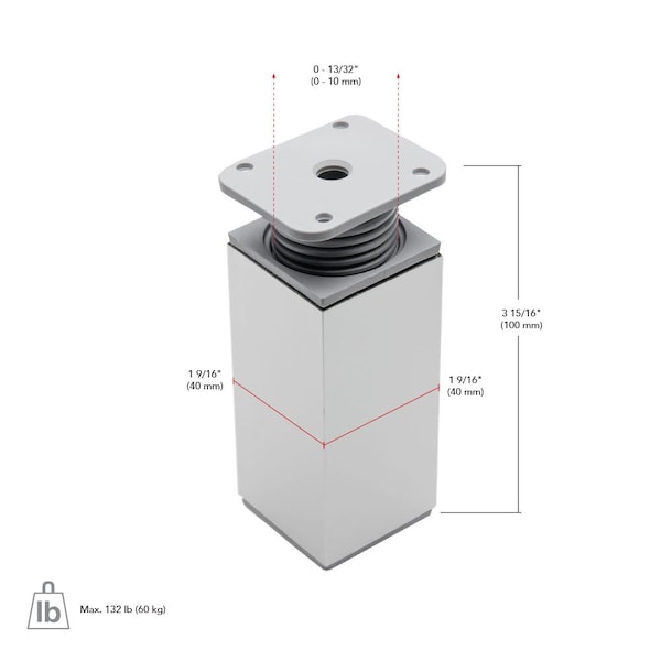 Richelieu Decorative Square Adjustable ABS Leg, 3 15/16 in (100 mm), Aluminum - 642710018