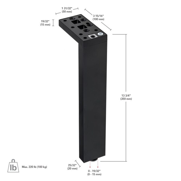 Richelieu Adjustable Contemporary Versatile T or L Shaped Furniture Leg, 13 3/4 in (350 mm), Matte Black - 205350900