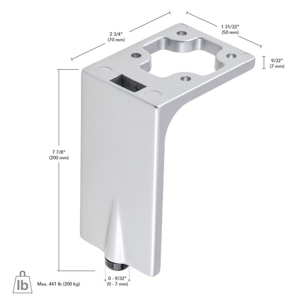 Richelieu Design Furniture Leg, 7 7/8 in (200 mm), Aluminum, Adjustable - 203200010