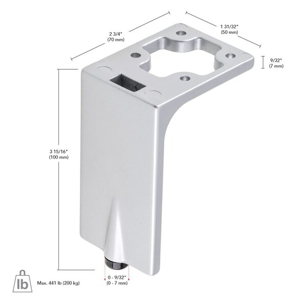 Richelieu Design Furniture Leg, 5 1/2 in (140 mm), Aluminum, Adjustable - 203140010