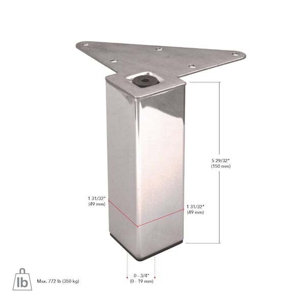Richelieu Adjustable Furniture Leg, 5 29/32 in (150 mm), Chrome, PK 4 - 555150140
