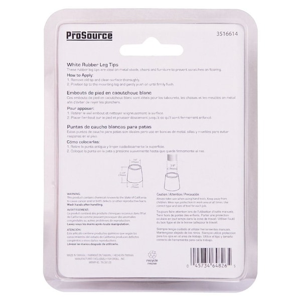 Prosource Furniture Leg Tip, Round, Rubber, White, 1-1/8 in H - FE-50643-PS