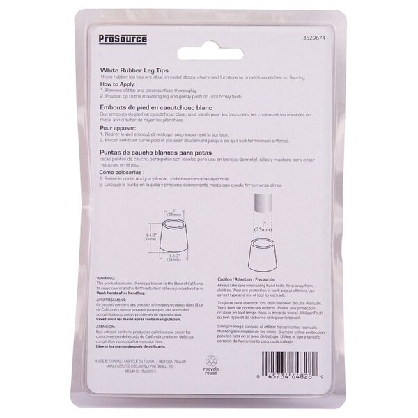 Prosource Furniture Leg Tip, Round, Rubber, White, 1 in Dia, 1-1/2 in H - FE-50645-PS