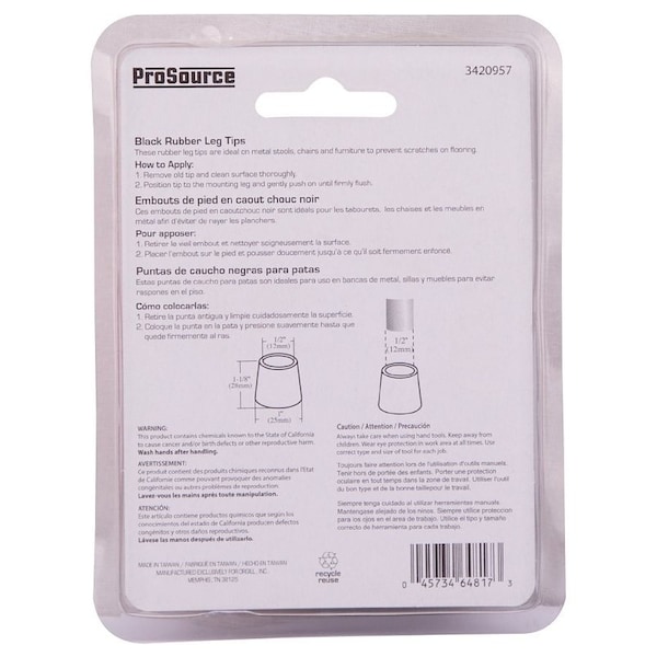 Prosource Furniture Leg Tip, Round, Rubber, Black, 1/2 in Dia, 1-1/8 in H - FE-50632-PS