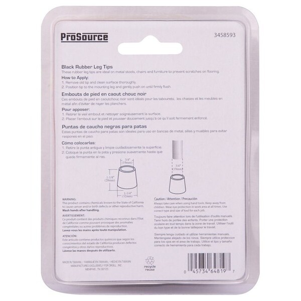Prosource Furniture Leg Tip, Round, Rubber, Black, 3/4 in Dia, 1-1/8 in H - FE-50634-PS