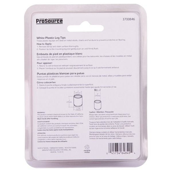 Prosource Furniture Leg Tip, Round, Plastic, White, 1 in Dia, 1 in H - FE-50615-PS