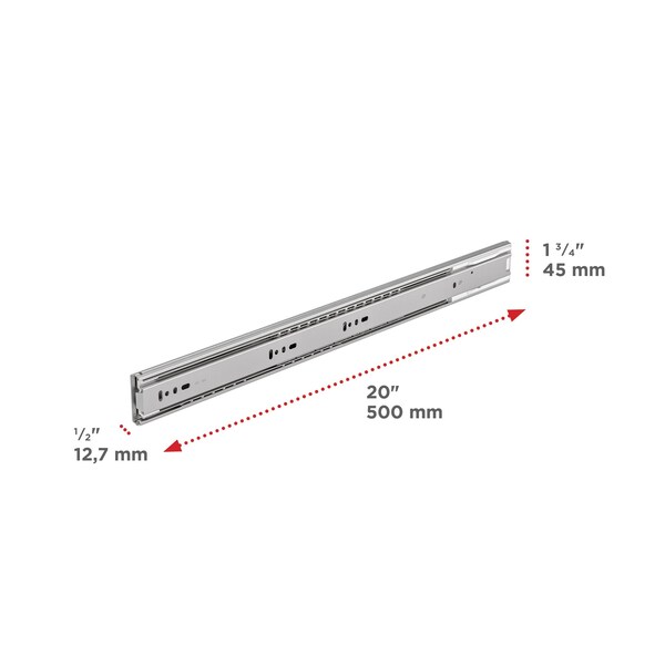 Richelieu 20-in 500 mm Full Extension Ball Bearing Slides, Soft Close, Frameless Cabinet, 77 lb, Pair - TU304SC170500