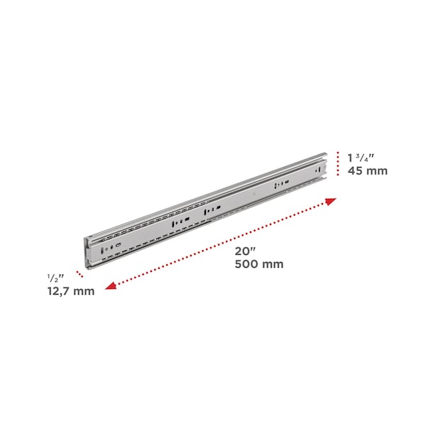 Richelieu 20-inch 500 mm Full Extension Stainless Ball Bearing Slides for Frameless Cabinet, 100 lb, Pair - TU304170500