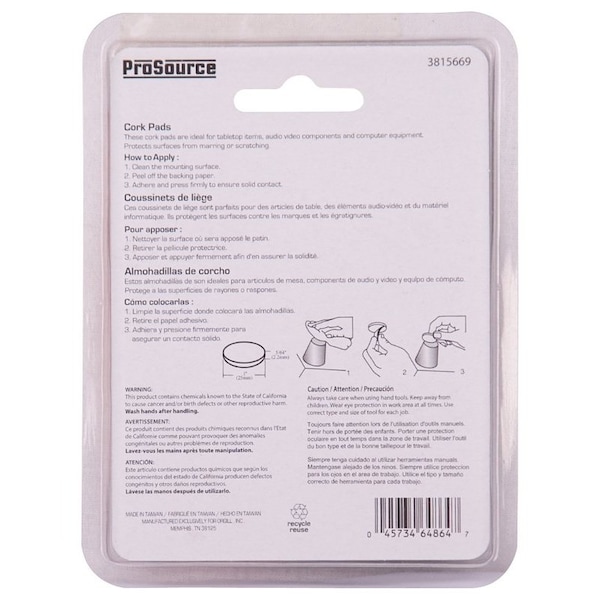 Prosource Furniture Pad, Cork, Brown, 1 in Dia, 5/64 in Thick, Round - FE-50702-PS