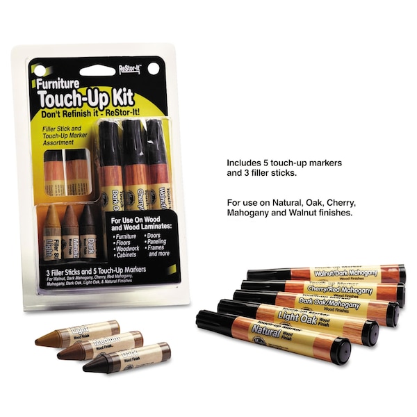 Master Caster ReStor-It Furniture Touch-Up Kit with 5 Woodgrain Markers, 3 Filler Sticks, 4.25 x 0.38 x 6.75 - 18000