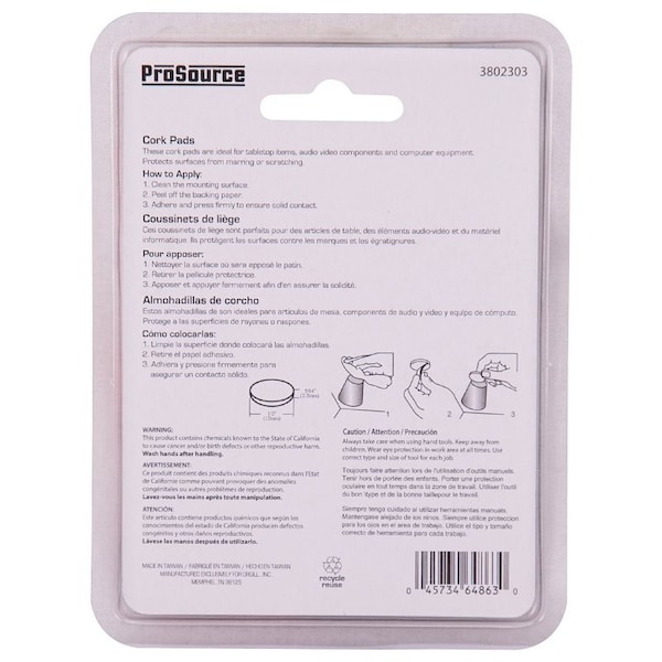 Prosource Furniture Pad, Cork, Wood, 1/2 in Dia, 5/64 in Thick, Round - FE-50700-PS