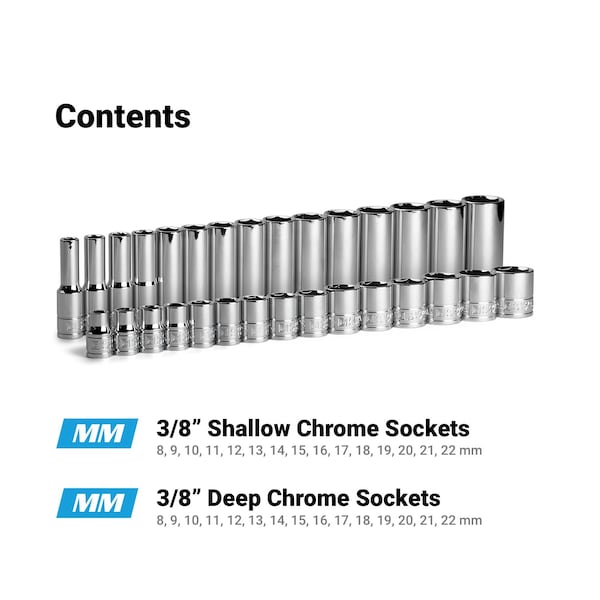 Juego de dados superficiales y profundos de 38 unidades con brocas de cromo, de 6 puntos, de 8 a 22 mm, 30 piezas - CP12320-30MSD