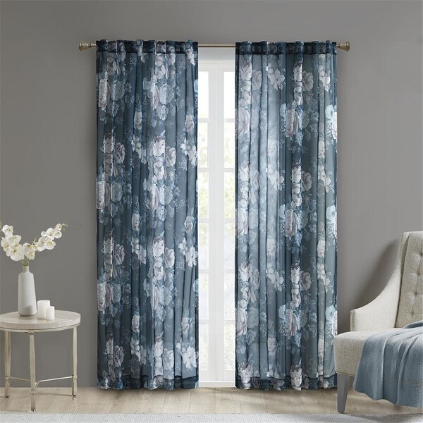 Madison Park Navy 100 Percent Polyester Printed Floral Rod Pocket & Back Tab Voile Sheer - MP40-6623