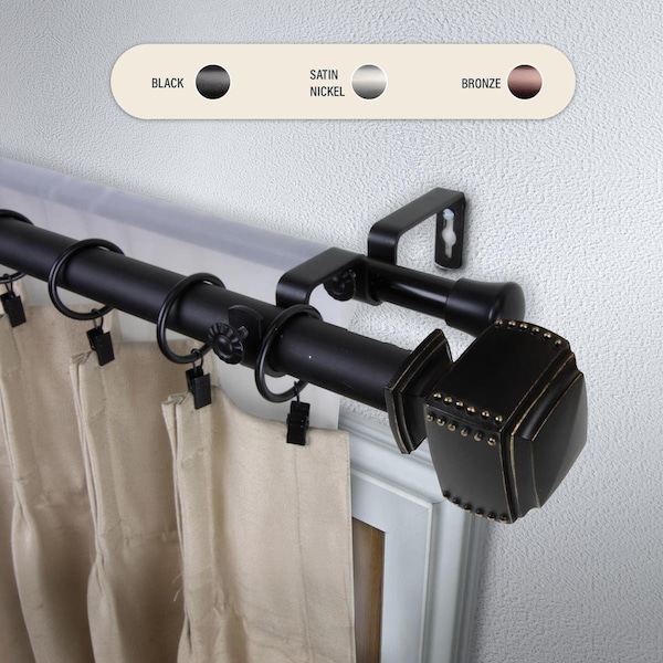 Central Design 1 in. Studded Double Curtain Rod with 48 to 84 in. Extension, Black - 100-27-482-D
