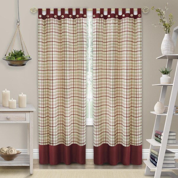 Eyecatcher Tattersall Button Tab Top Window Curtain Panel - 52 x 84 in. - Burgundy - EY2511962