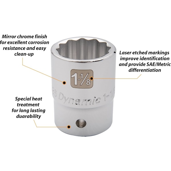 Llave de vaso cromada Dynamic Tools de 3/4" Drive de 12 puntos, longitud estándar de 1" - D022432