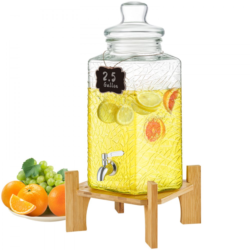 VEVOR Beverage Dispenser, 2.5 Gallon Drink Dispensers for Parties, Glass Juice Dispenser with Stand, Stainless Steel Spigot, Iced Tea Lemonade Juice Water Dispenser, for Restaurants, Hotels, Parties - YLFPQBLFPQKCJ2XI9V0