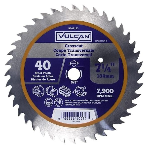 Vulcan Circular Saw Blade, 7-1/4 in Dia, 5/8 and 13/16 Diamond in Arbor - 409320OR