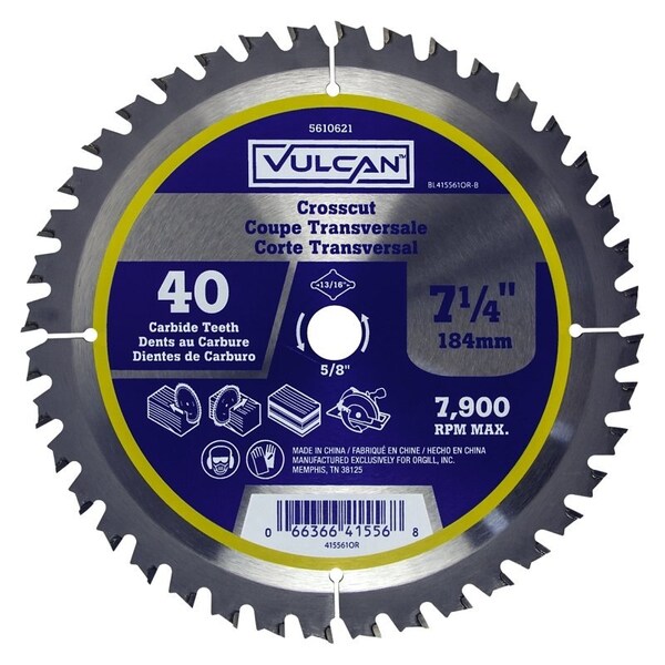 Vulcan Circular Saw Blade, 7-1/4 in Dia, 5/8 and 13/16 Diamond in Arbor - 415561OR