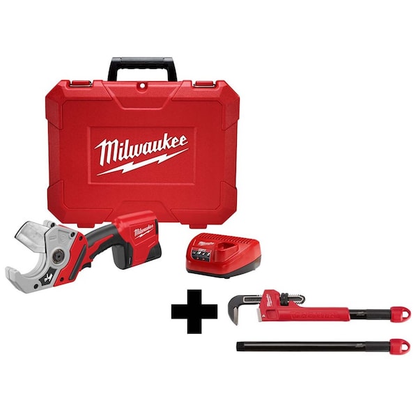 Milwaukee Tool M12™ Plastic Pipe Shear Kit with CHEATER Adaptable Pipe Wrench - 2470-21, 48-22-7314