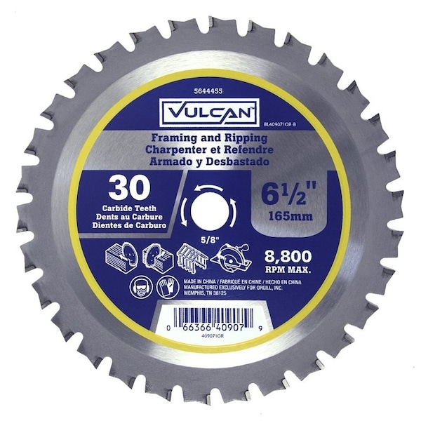 Vulcan Circular Saw Blade, 6-1/2 in Dia, 5/8 and 13/16 Diamond in Arbor - 409071OR