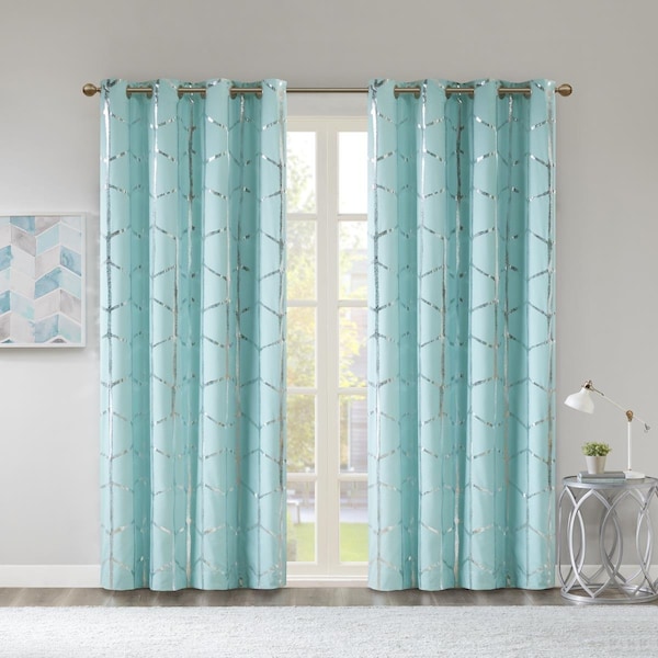Intelligent Design 50 x 84 in. Khloe Total Blackout Metallic Printed Window Panel, Aqua - ID40-1407
