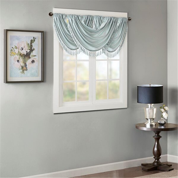 Madison Park 38 x 46 in. Elena Faux Silk Waterfall Embellished Valance - Dusty Aqua - MP41-4961