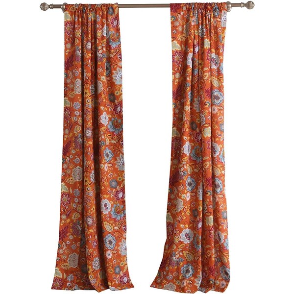 Deluxdesigns Paris Floral Print Fabric Curtain Panel with Ties, Orange - 4 Piece - DE2808445