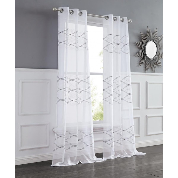 Palacedesigns 96 in. White & Silver Wave Embroidered Window Panels - Set of 2 - PA3669135