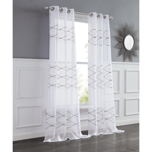 Palacedesigns 84 in. White & Silver Wave Embroidered Window Panels - Set of 2 - PA3669134