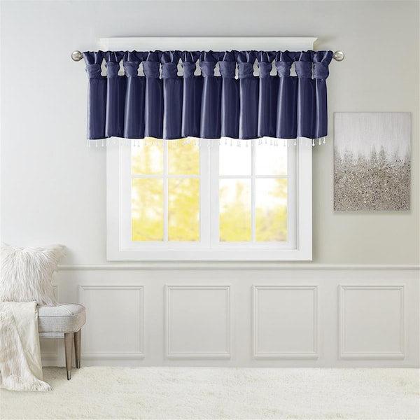 Madison Park Navy 100 Percent Polyester Lightweight Faux Silk Valance with Beads - MP41-6320