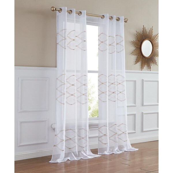 Palacedesigns 96 in. White & Gold Wave Embroidered Window Panels - Set of 2 - PA3684192