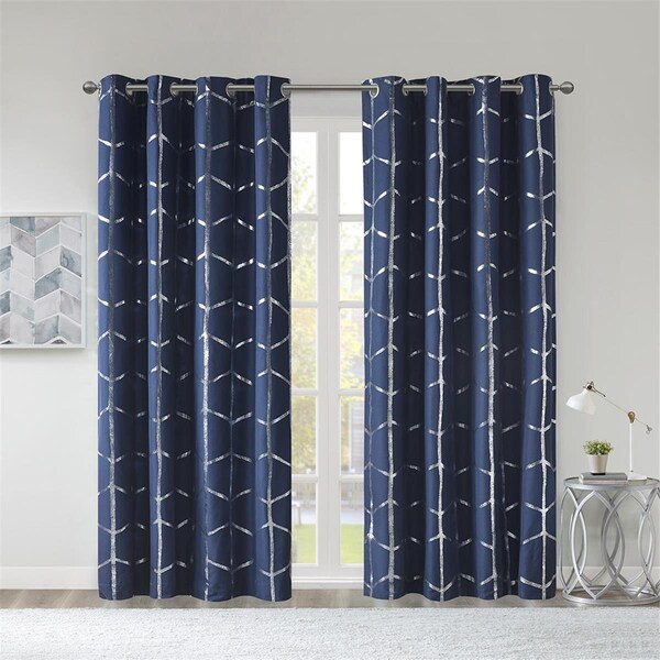 Intelligent Design Navy 100 Percent Polyester Total Blackout Metallic Print Grommet Top Curtain Panel - ID40-1809