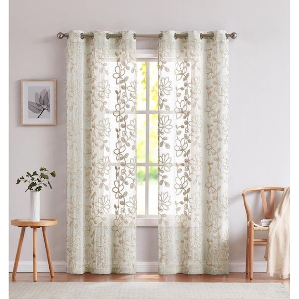 Palacedesigns 84 in. Tan Floral Embroidered Window Panels, Linen - Set of 2 - PA3101429