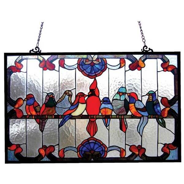 Chloe Lighting Chloe CH1P982RA32-GPN 32 x 20 in. Lighting Tiffany Glass Featuring Gathering Birds Window Panel - CH1P982RA32-GPN
