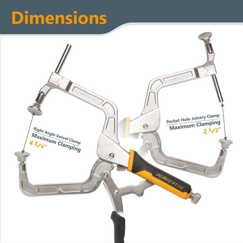 Abrazadera en ángulo recto para agujero de bolsillo de 12 pulgadas POWERTEC, 4-3/4 pulgadas de sujeción máxima para ensamblaje de juntas de agujero de bolsillo, carpintería, soldadura (Paquete de 2) - 71745N
