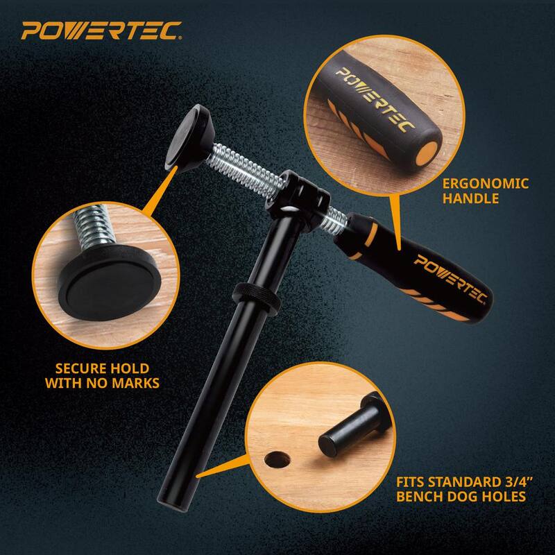 Abrazadera de tornillo de 90 grados POWERTEC, compatible con orificios de perro para banco de 3/4 pulgadas, Serie de abrazaderas ajustables para carpintería (paquete de 2) - 71771-P2N