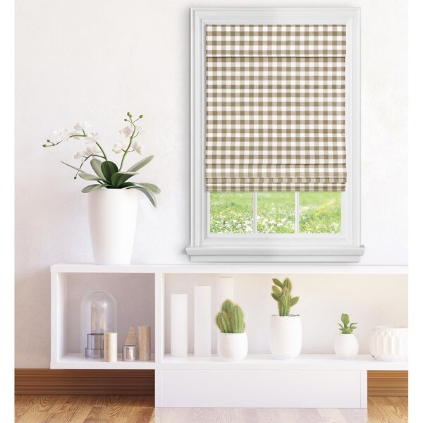 Eyecatcher 36 x 64 in. Cordless Buffalo Check Roman Window Shade, Taupe - EY2511832