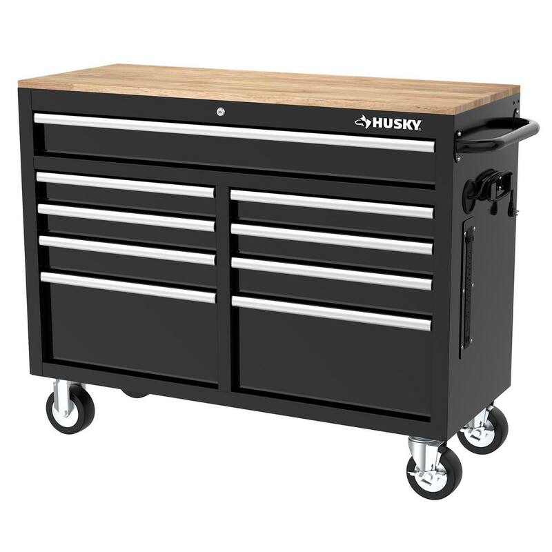 Almacenamiento de herramientas Husky 46 pulgadas de ancho x 18 pulgadas de profundidad Gabinete de banco de trabajo móvil en negro brillante - H46X18MWC9BLK