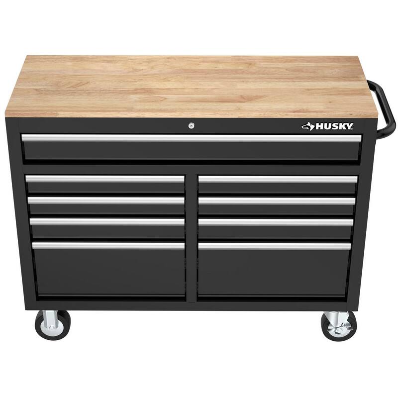 Almacenamiento de herramientas Husky 46 pulgadas de ancho x 18 pulgadas de profundidad Gabinete de banco de trabajo móvil en negro brillante - H46X18MWC9BLK