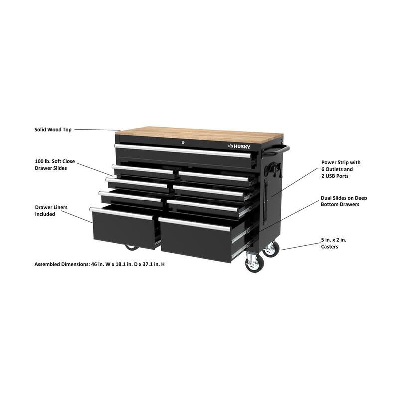Almacenamiento de herramientas Husky 46 pulgadas de ancho x 18 pulgadas de profundidad Gabinete de banco de trabajo móvil en negro brillante - H46X18MWC9BLK