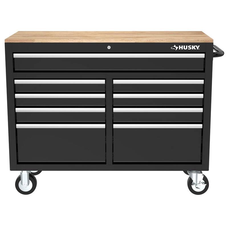 Almacenamiento de herramientas Husky 46 pulgadas de ancho x 18 pulgadas de profundidad Gabinete de banco de trabajo móvil en negro brillante - H46X18MWC9BLK